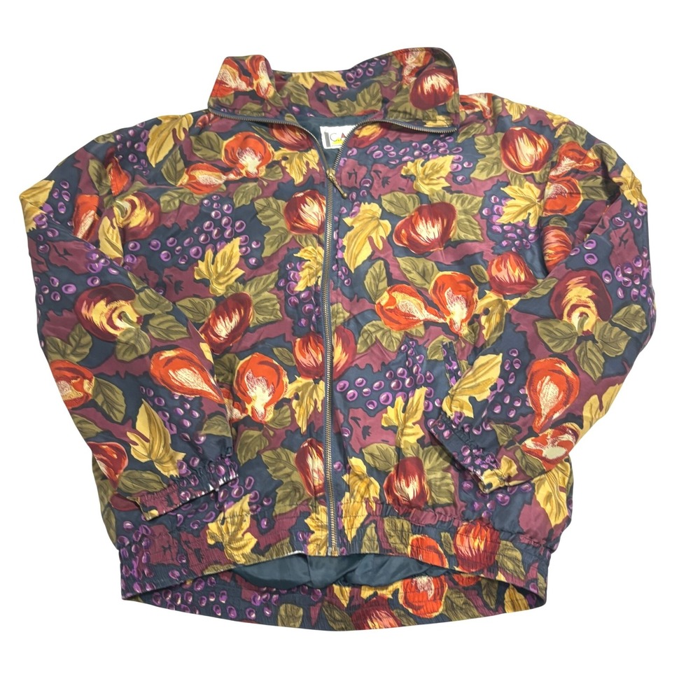 Vintage C.A. Sport Silk‎ Fruit Print Windbreaker Jacket Womens Medium 90s Rousso